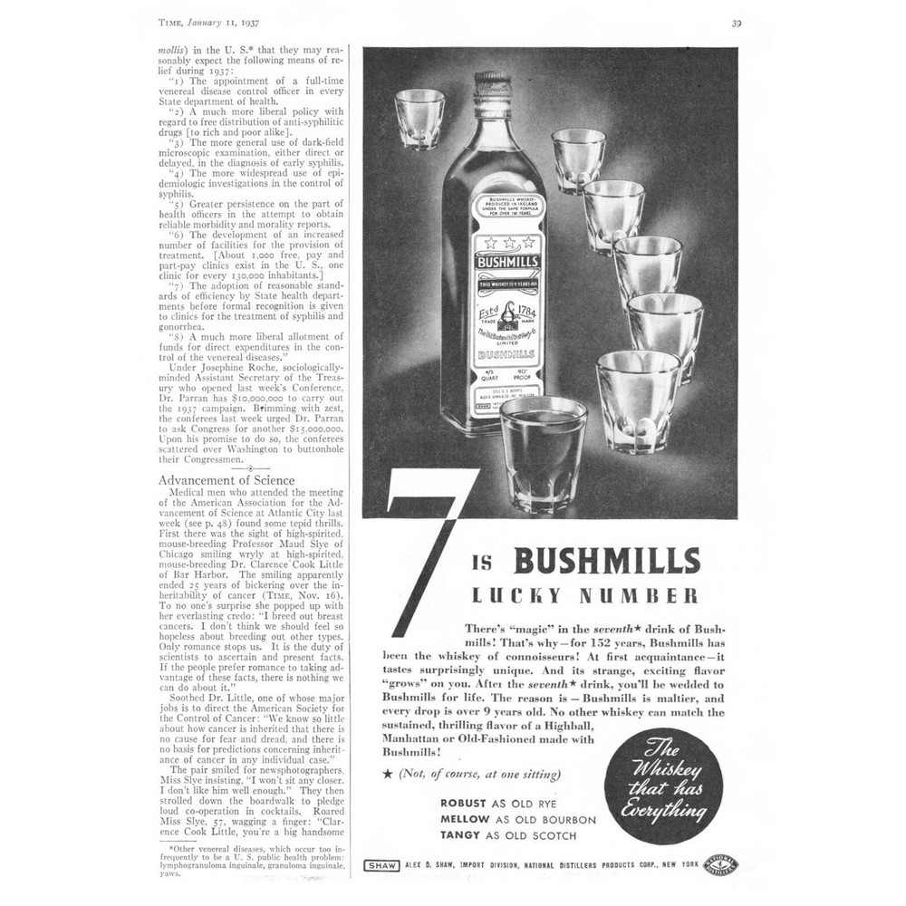 1937 Bushmills Irish Whiskey Bottle art "Flavor Grows on You" vintage print ad